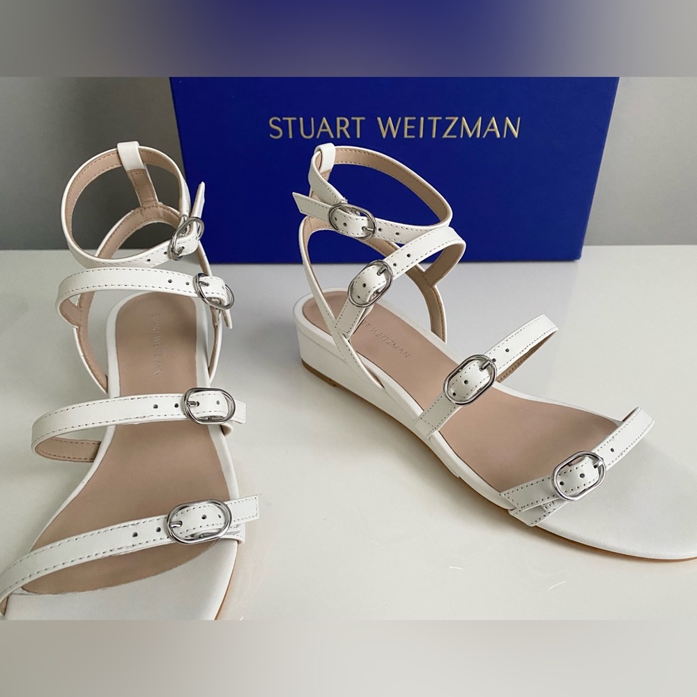 $450 STUART WEITZMAN Grecian Buckle Wedge White Leather Sandals Sz 36.5 6 B NEW - Picture 6 of 15